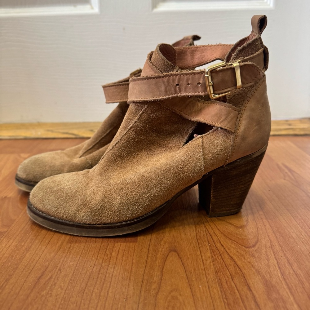 Tan Suede Ankle Boots with Strap